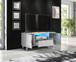Furneo White Tv Stand 120Cm Unit Cabinet Matt & High Gloss Azzurro 08 Brushed Gold Handles Blue Led Lights - thumbnail 2