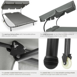 Tectake 1 Sun Lounger Livorno - For 2 People, Adjustable Sunroof, With Wheels - Black/grey - thumbnail 5