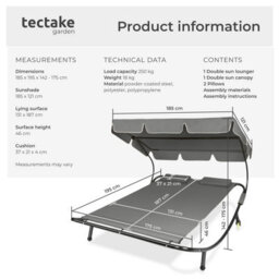 Tectake 1 Sun Lounger Livorno - For 2 People, Adjustable Sunroof, With Wheels - Black/grey - thumbnail 6