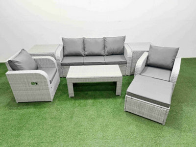 Fimous Pe Rattan Garden Furniture Set Reclining Chair Sofa Lounge Sofa Set Rectangular Coffee Table 2 Side Table Big Footstool - image 1