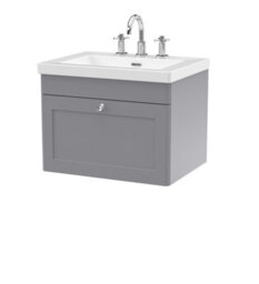 Balterley Swynnerton Traditional 1 Drawer Wall Hung Vanity Unit With Fireclay Basin, Satin Grey, 600mm - thumbnail 1
