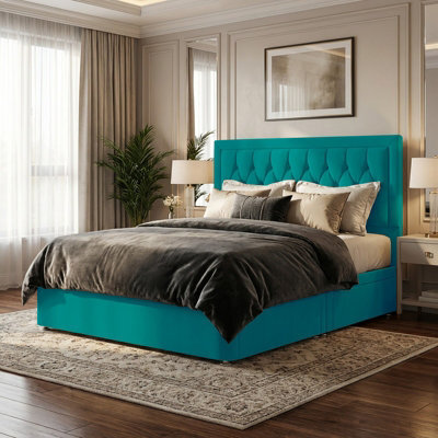 "Adore Designs Diamond Cut Bumper Plush Velvet Divan Bed, 50"" Headboard - 4Ft6 Double - Mallard - 2 Drawers Foot End" - image 1