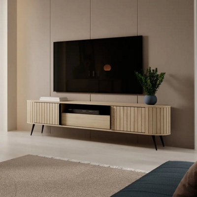Arte Lovi Tv Cabinet 196Cm - Oak Cremona & Black Contemporary Media Unit With Sliding Doors And Drawer - image 1