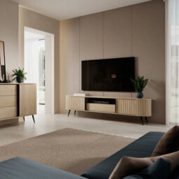 Arte Lovi Tv Cabinet 196Cm - Oak Cremona & Black Contemporary Media Unit With Sliding Doors And Drawer - thumbnail 8