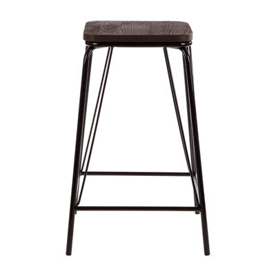 Orsina Sleek Black Metal And Elm Wood Stool, Sturdy And Reliable Large Square Stool, Wooden Bar Stool For Home Bar - image 1