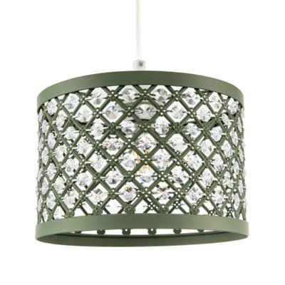 Happy Homewares Modern Ornate Olive Green Metal Pendant Shade With Clear Acrylic Beads - image 1