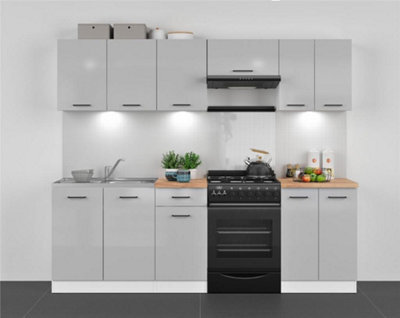 Impact Furniture Kitchen Cabinets Fitted Package 7 Unit Set Complete Wall Base Cupboards Light Grey Gloss 240Cm Diy Kitchenette Junona - image 1