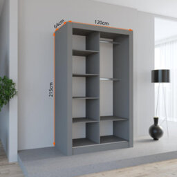 Fhif Dubai 120Cm Grey Sliding Door Wardrobe Modern Bedroom Storage With Full Length Mirror Shelves And Hanging Rails - thumbnail 2