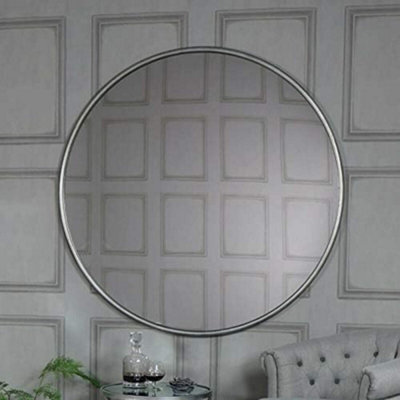 Deenz 60Cm Extra Large Round Silver Wall Mounted Mirror Silver Iron Metallic Frame Bathroom Living Room Home Office