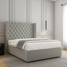 REGIONAL FURNISHINGS Silver Plush Velvet Divan Bed Set Upholstered 54Inch Headboard 2Drawersfootend & Mattress In Double King 4Ft 6Ft Sizes - thumbnail 3