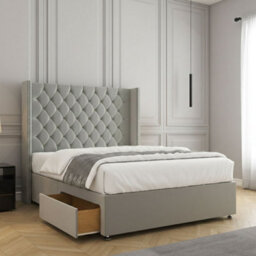 REGIONAL FURNISHINGS Silver Plush Velvet Divan Bed Set Upholstered 54Inch Headboard 2Drawersfootend & Mattress In Double King 4Ft 6Ft Sizes