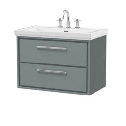 Balterley Longnor Modern Bathroom Wall Hung 2-Drawer Vanity Unit With Fireclay Basin, Coastal Grey, 800mm - thumbnail 1