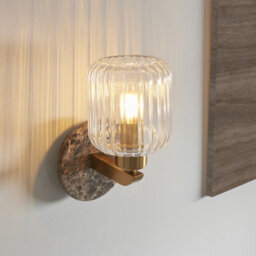 Luminosa Lighting Luminosa Travi Ribbed Wall Lamp Dark Brown Emperador Marble, Vintage Brass & Clear Ribbed Glass E14 - thumbnail 4