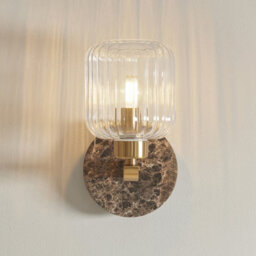 Luminosa Lighting Luminosa Travi Ribbed Wall Lamp Dark Brown Emperador Marble, Vintage Brass & Clear Ribbed Glass E14 - thumbnail 3