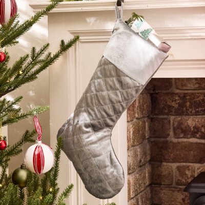 Dibor Traditional Harrington Quilted Grey Velvet Xmas Gift Decoration Christmas Stocking For Kids - image 1
