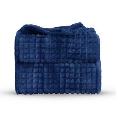 Velosso Elegant Waffle Style Ribbed Thermal Plush Throw - Cosy Winter Embossed Fur Blanket For Sofa, Bed - 150Cm X 200Cm - Navy
