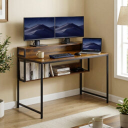Costway 120 Cm Office Desk With Monitor Stand Industrial Computer Desk With Storage Shelf - thumbnail 3