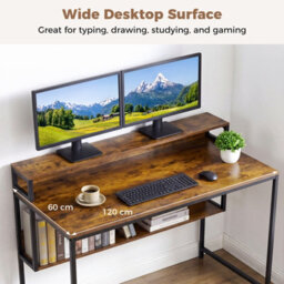 Costway 120 Cm Office Desk With Monitor Stand Industrial Computer Desk With Storage Shelf - thumbnail 5
