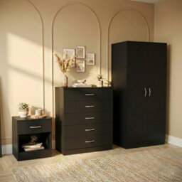 Lassic Vida Designs Riano 3 Piece Bedroom Set (1 Drawer Bedside Chest, 5 Drawer Chest, 2 Door Wardrobe) Black (4) - thumbnail 2