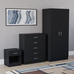 Lassic Vida Designs Riano 3 Piece Bedroom Set (1 Drawer Bedside Chest, 5 Drawer Chest, 2 Door Wardrobe) Black (4) - thumbnail 3