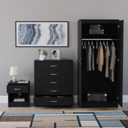 Lassic Vida Designs Riano 3 Piece Bedroom Set (1 Drawer Bedside Chest, 5 Drawer Chest, 2 Door Wardrobe) Black (4) - thumbnail 6