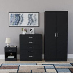 Lassic Vida Designs Riano 3 Piece Bedroom Set (1 Drawer Bedside Chest, 5 Drawer Chest, 2 Door Wardrobe) Black (4) - thumbnail 5