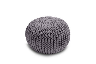 Knitted Pouffe Chunky Round Footstool Ottoman 100% Cotton Handmade Grey