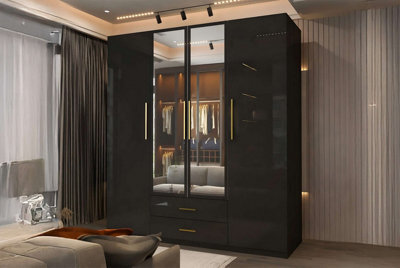 M N Furniture Ltd Modern High Gloss 2, 3 Or 4 Door Wardrobe With Mirror, Shelves, Hanging Rail And Drawers - (Black,160Cm) - image 1