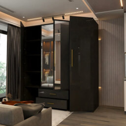 M N Furniture Ltd Modern High Gloss 2, 3 Or 4 Door Wardrobe With Mirror, Shelves, Hanging Rail And Drawers - (Black,160Cm) - thumbnail 2