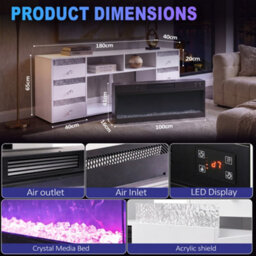 Fenchilin Electric Fireplace Tv Stand With Bluetooth Speaker 6 Rgb Led Glitter Drawers, Remote & Timer, White 180Cm - thumbnail 7