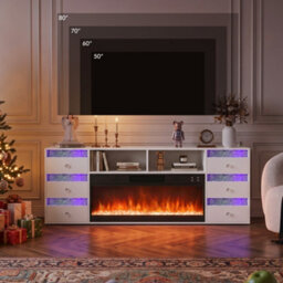 Fenchilin Electric Fireplace Tv Stand With Bluetooth Speaker 6 Rgb Led Glitter Drawers, Remote & Timer, White 180Cm - thumbnail 2