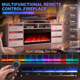 Fenchilin Electric Fireplace Tv Stand With Bluetooth Speaker 6 Rgb Led Glitter Drawers, Remote & Timer, White 180Cm - thumbnail 3