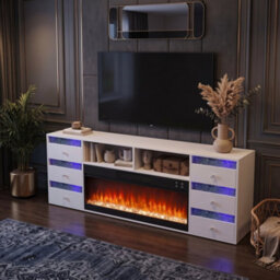 Fenchilin Electric Fireplace Tv Stand With Bluetooth Speaker 6 Rgb Led Glitter Drawers, Remote & Timer, White 180Cm - thumbnail 1