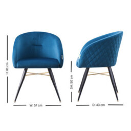 Life Interiors Set Of 2 Blue Vittorio Velvet Dining Chairs With Black Metal Legs, Quilted Design Modern Accent Chair - thumbnail 7
