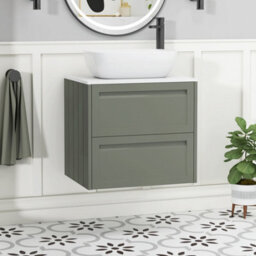 Royal Bathrooms Royal Bathroom Elmore 600mm Matt Green Wall Mounted Bathroom Vanity Unit 2 Drawer Plain White Worktop With Elva Basin - thumbnail 1