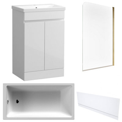 FNX Bathrooms Waterproof 500mm Vanity Unit With Single Ended Bath, Gloss White Front Panel & Brushed Brass Profile Bath Screen - image 1