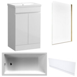 FNX Bathrooms Waterproof 500mm Vanity Unit With Single Ended Bath, Gloss White Front Panel & Brushed Brass Profile Bath Screen - thumbnail 1