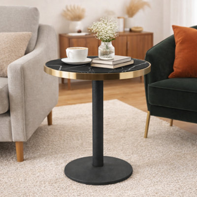 70Cm Round Black Marble Effect Bistro Table With Brushed Gold Edge & Round Pedestal Base Dining Table For Home, Cafe, Resturant - image 1