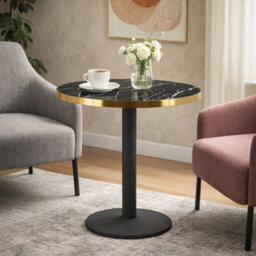 70Cm Round Black Marble Effect Bistro Table With Brushed Gold Edge & Round Pedestal Base Dining Table For Home, Cafe, Resturant - thumbnail 4