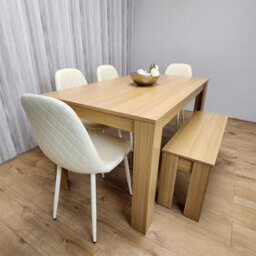 Kosy Koala Modern Oak Effect Dining Table Set With 4 Cream Plastic Chairs And Bench Dining Room Furniture