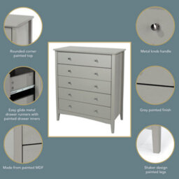 Core Products Como 5 Drawer Light Grey Chest Of Drawers, H101.0Cm X W83.0Cm X D43.0Cm - thumbnail 7
