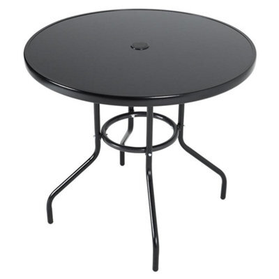 Breeins 80Cm Dia Round Wrought Iron Style Garden Table With Tempered Glass Top And Parasol Hole, Black - image 1