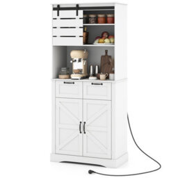 Gainoom Kitchen White Pantry Cabinet Tall Coffee Bar Cabinet With Power Outlet - thumbnail 1