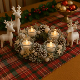 My Smart Buy Frosted Candleholder Centrepiece With 4 Led Candles - Round Festive Christmas Xmas Tealight Holder Table Decoration - 30Cm Dia - thumbnail 1
