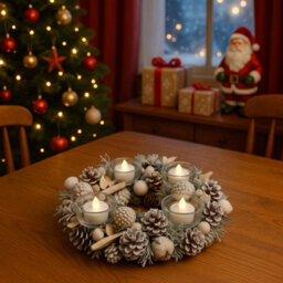 My Smart Buy Frosted Candleholder Centrepiece With 4 Led Candles - Round Festive Christmas Xmas Tealight Holder Table Decoration - 30Cm Dia - thumbnail 2