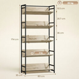 Bookcase Anti-Slip Design 5-Tier Storage Shelves And Metal Frame Oak - thumbnail 2