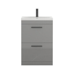 Royal Bathrooms Turin Indigo Grey Gloss 600mm Floor Standing Vanity Unit 2 Drawer With Mid-Edge Basin Sink & Matt Black Handles - thumbnail 6