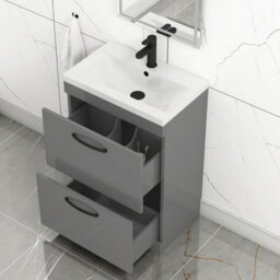 Royal Bathrooms Turin Indigo Grey Gloss 600mm Floor Standing Vanity Unit 2 Drawer With Mid-Edge Basin Sink & Matt Black Handles - thumbnail 5