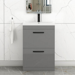 Royal Bathrooms Turin Indigo Grey Gloss 600mm Floor Standing Vanity Unit 2 Drawer With Mid-Edge Basin Sink & Matt Black Handles