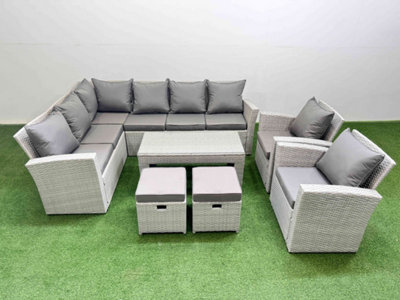Fimous Rattan Garden Furniture Set Outdoor 10 Seater Corner Sofa Sets With Oblong Coffee Table Chair 2 Small Footstool Light Grey - image 1